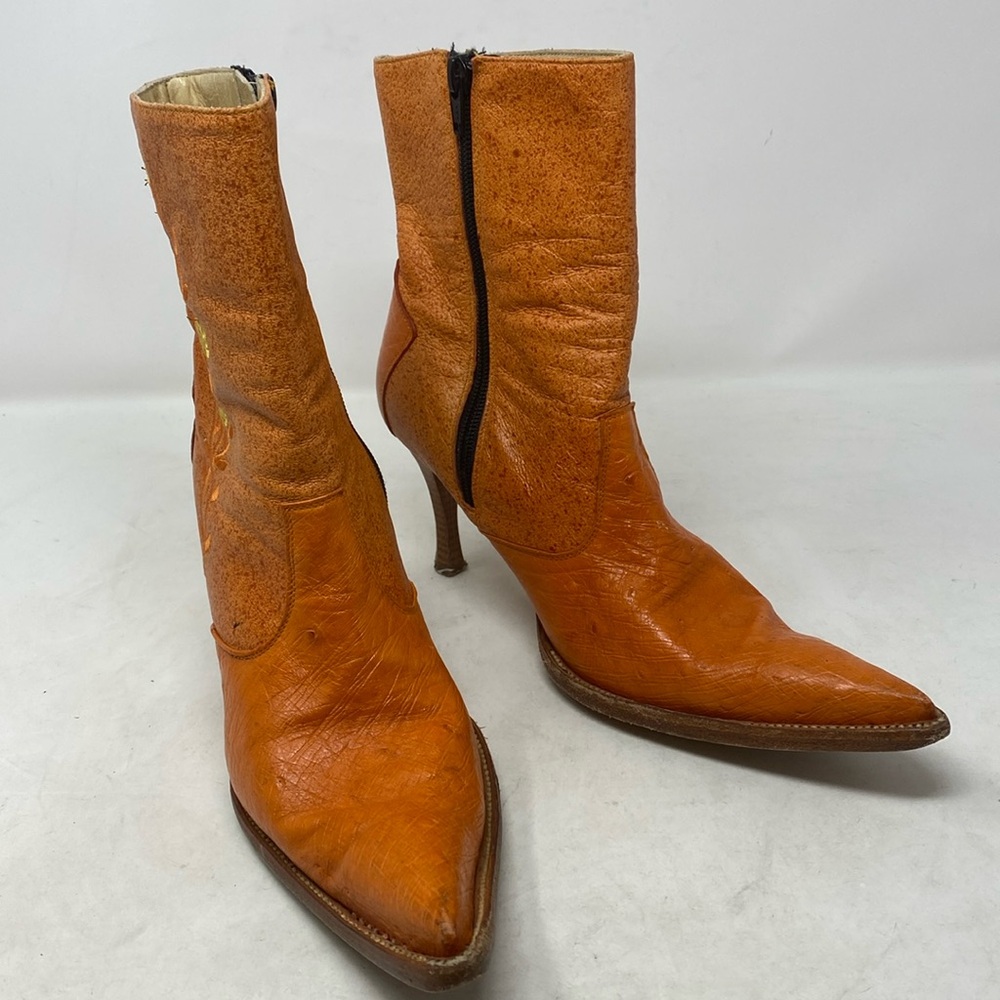 Lagarto Orange Yellow Embroidered Leather Point Toe Heeled Boots - Picture 9 of 12